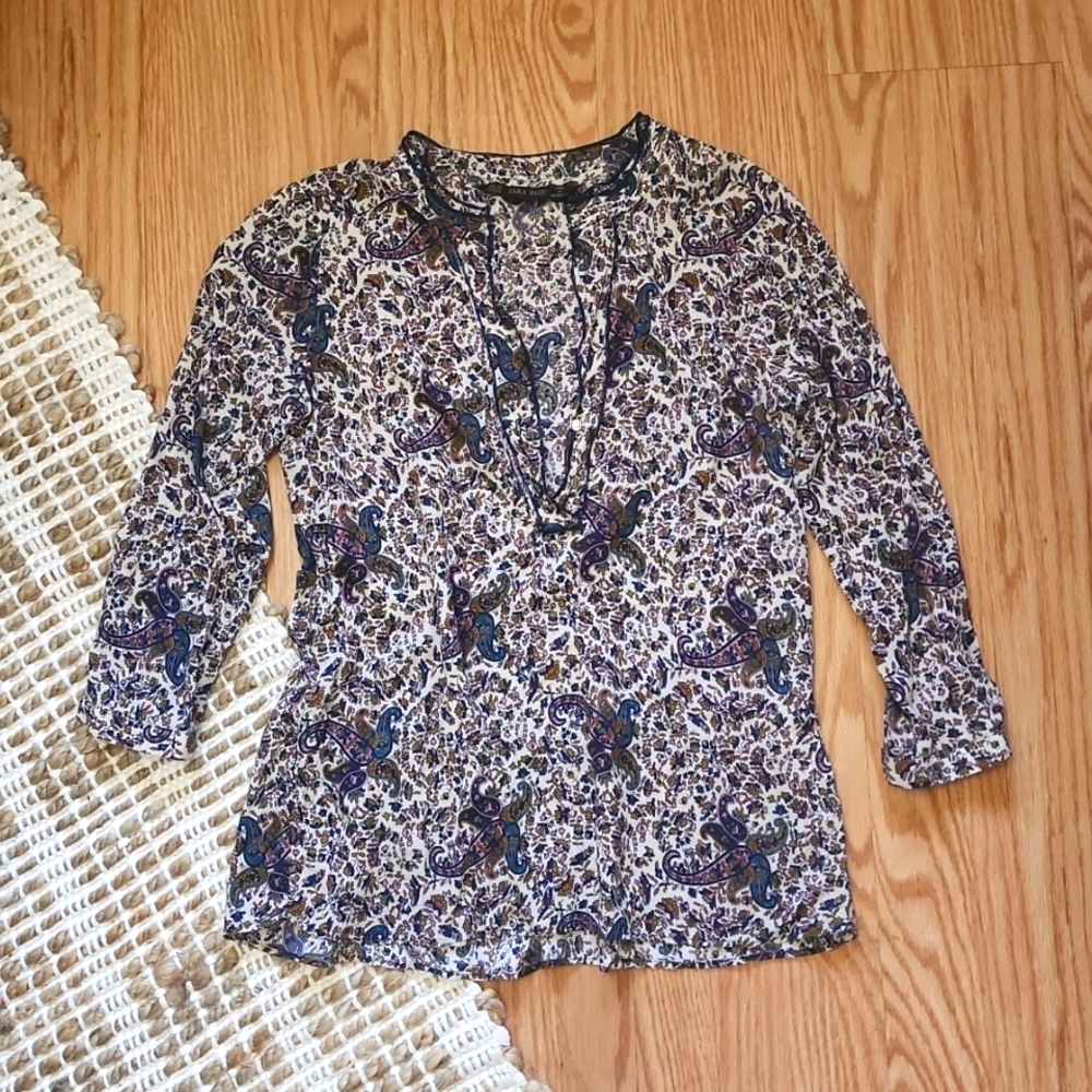 Zara Boho Top Blouse- 3/4 Sleeve, Multicolor